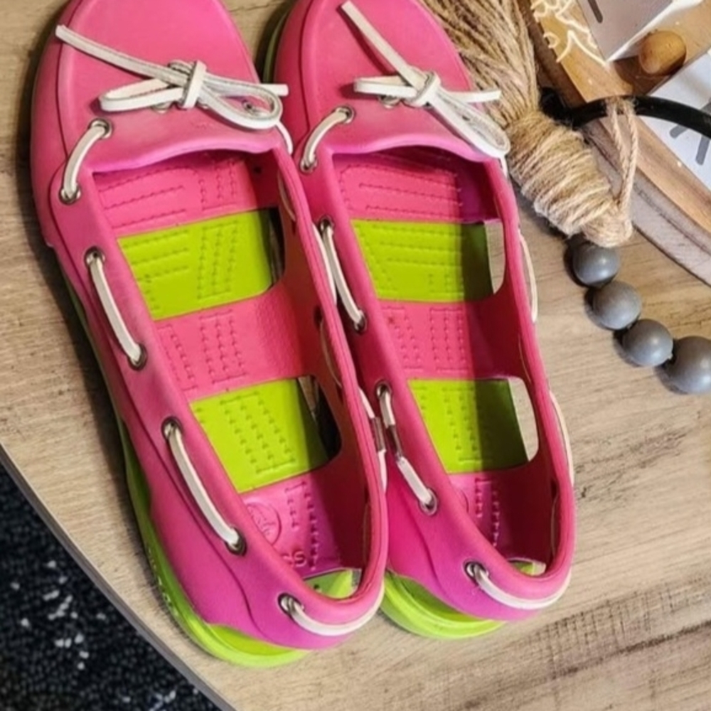 CROCS Pink and Green Sandals Like New